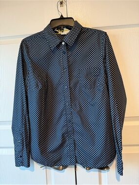 Boden Womens Navy/White Polka Dot blouse with contrasting neckline & cuffs SZ 12